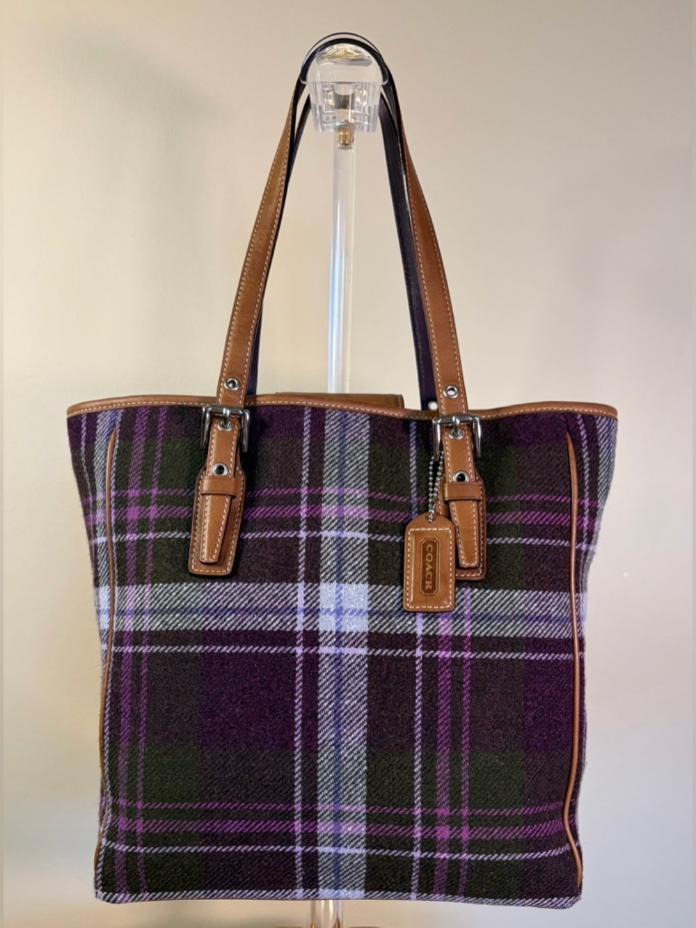 Vintage COACH Hampton Purple Tartan Plaid Wool Leather 83222 EUC